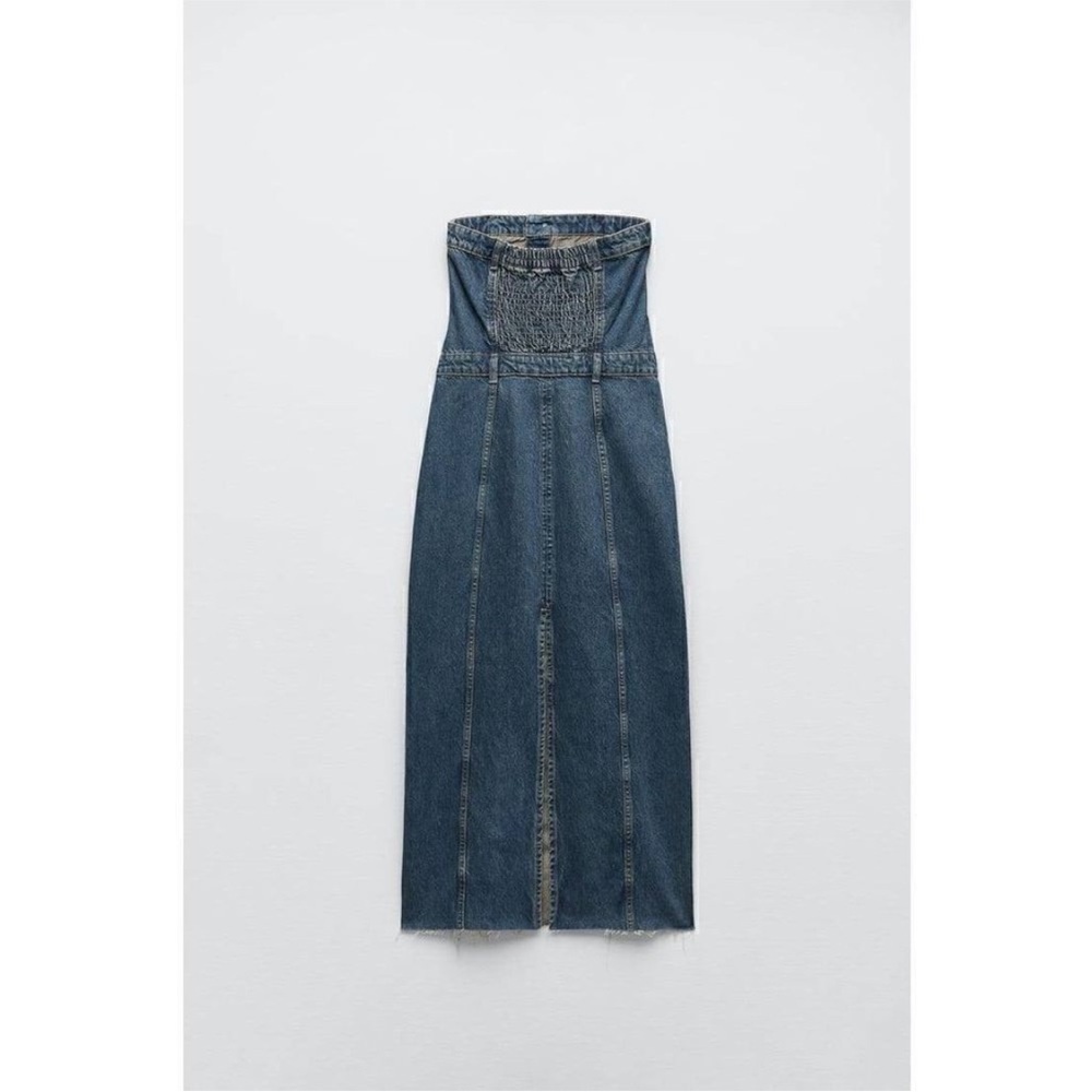 Strapless Button-Front Maxi Denim Dress - Blue - Picture 5 of 5
